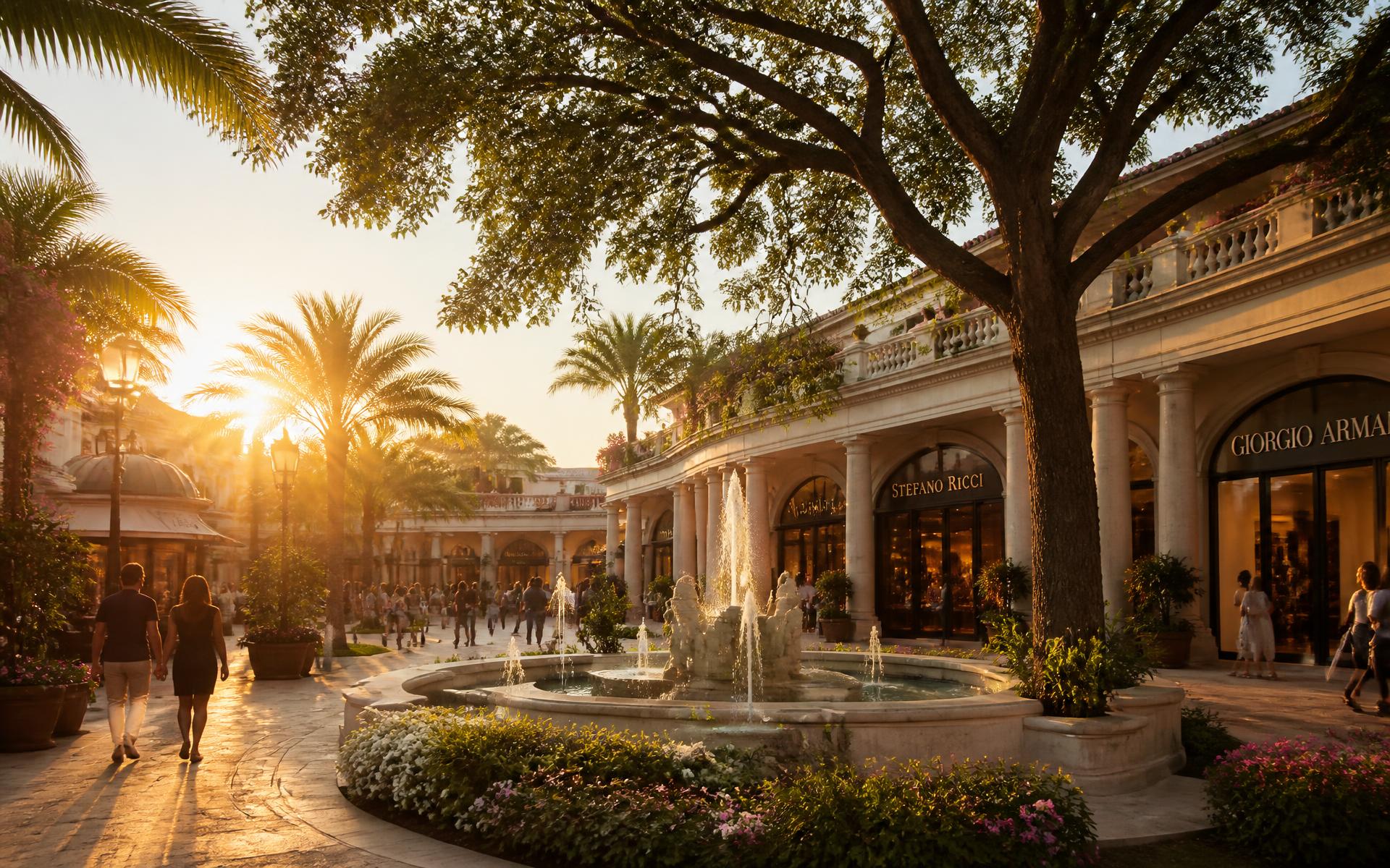 Sunset over the fountain plaza at Tebings Fashion Park